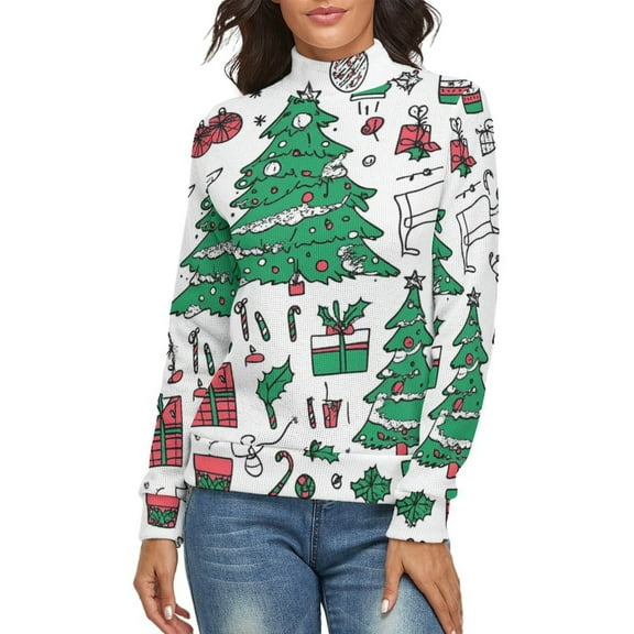 Hohoho Christmas Doodle Set Women's Turtleneck Sweater Long Sleeve Ribbed Fitted Turtle Neck Casual Fall Winter Collection Top M