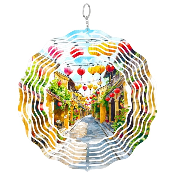 Hoi An Lanterns 3D Wind Spinner Laser Cut Metal Hanging Ornament Patio Decor Vietnam Ancient Town Gift