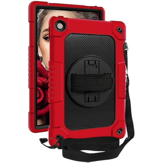 Hoibon for Lenovo M10 Plus 3rd Gen Tablet Case Built in Rotating Kickstand Shoulder Strap Hand Strap Hybrid Shockproof Armor Kids Friendly Case for Lenovo M10 Plus 10.6 inch 2022 - Red+Black