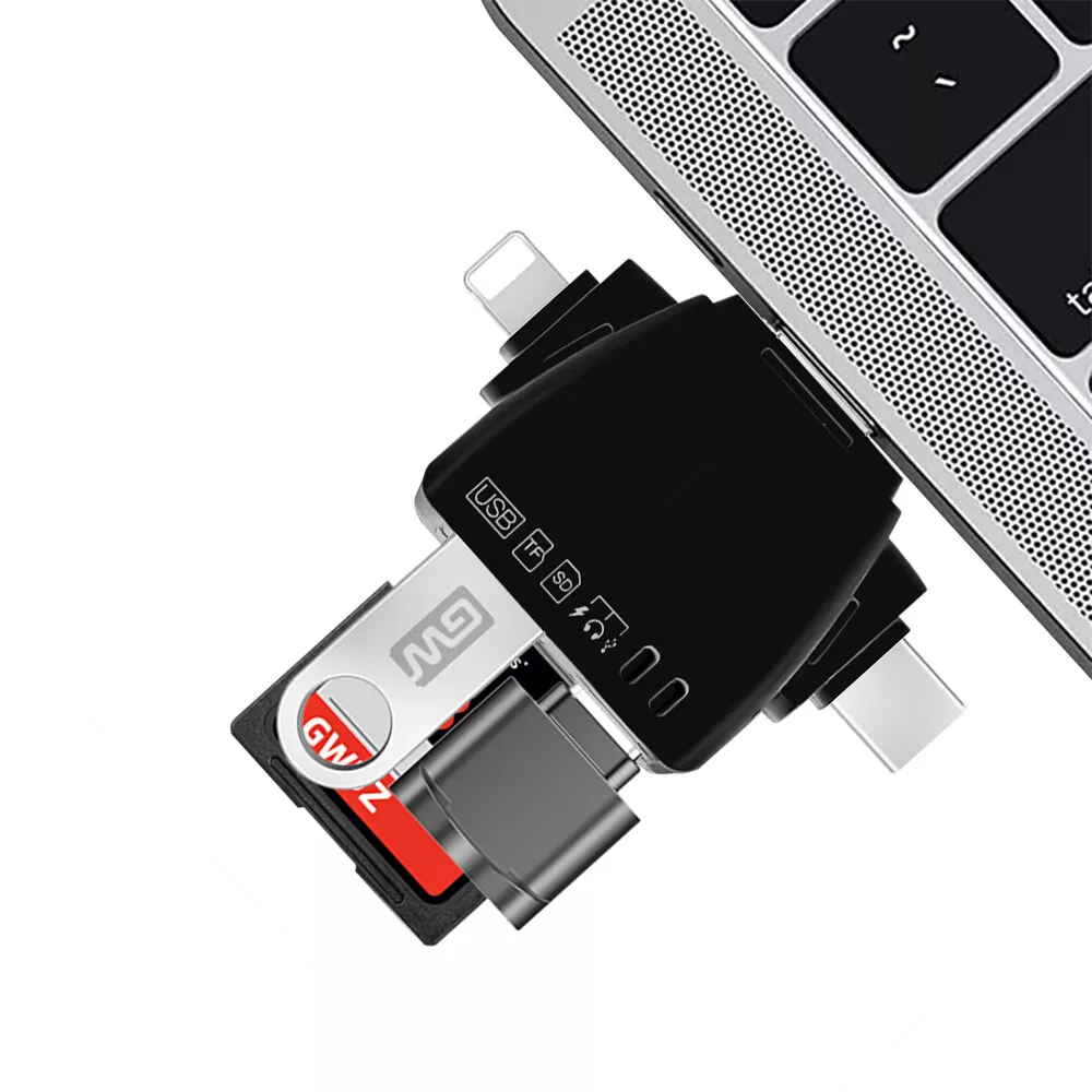 Lettore Di Schede 4 In 1 Universale Per IPhone, IPad, Android, PC, Fotocamera – Supporta Micro SD, TF, USB, Tipo C E Lightning, Nero