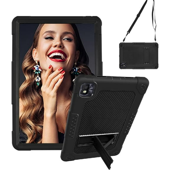 Hoibon for TCL TAB10 5G 9183W / for TCL TAB 10s 10.1" FHD Case Silicone Rubber Shockproof Protective Kids Friendly Case Built in Stand Shoulder Strap for TCL TAB 10 5G / TCL TAB 10s - Black+Black