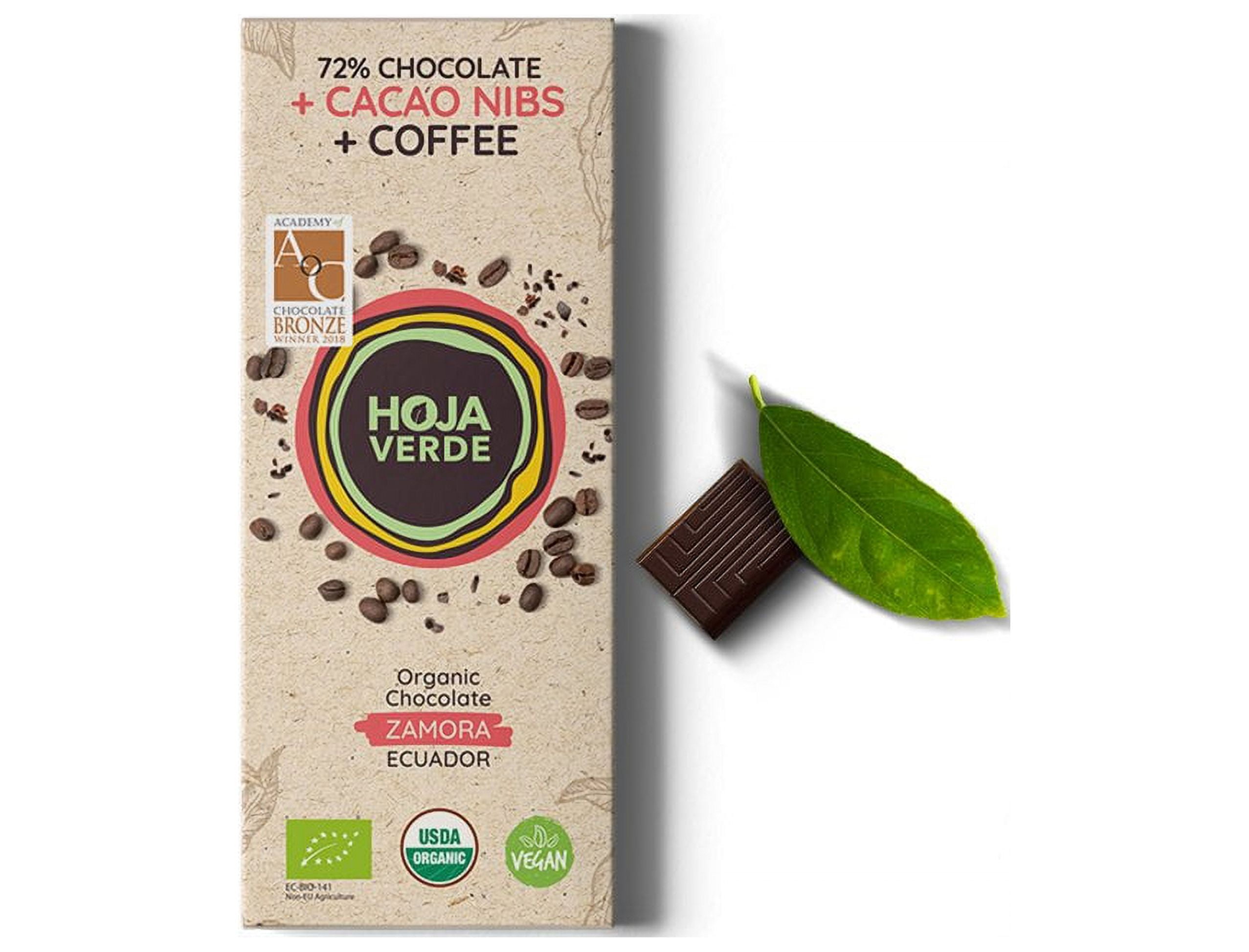 Hoja Verde 72 + Cacao Nibs + Coffee Organic Dark Chocolate, Vegan, Non GMO, 3 Pack