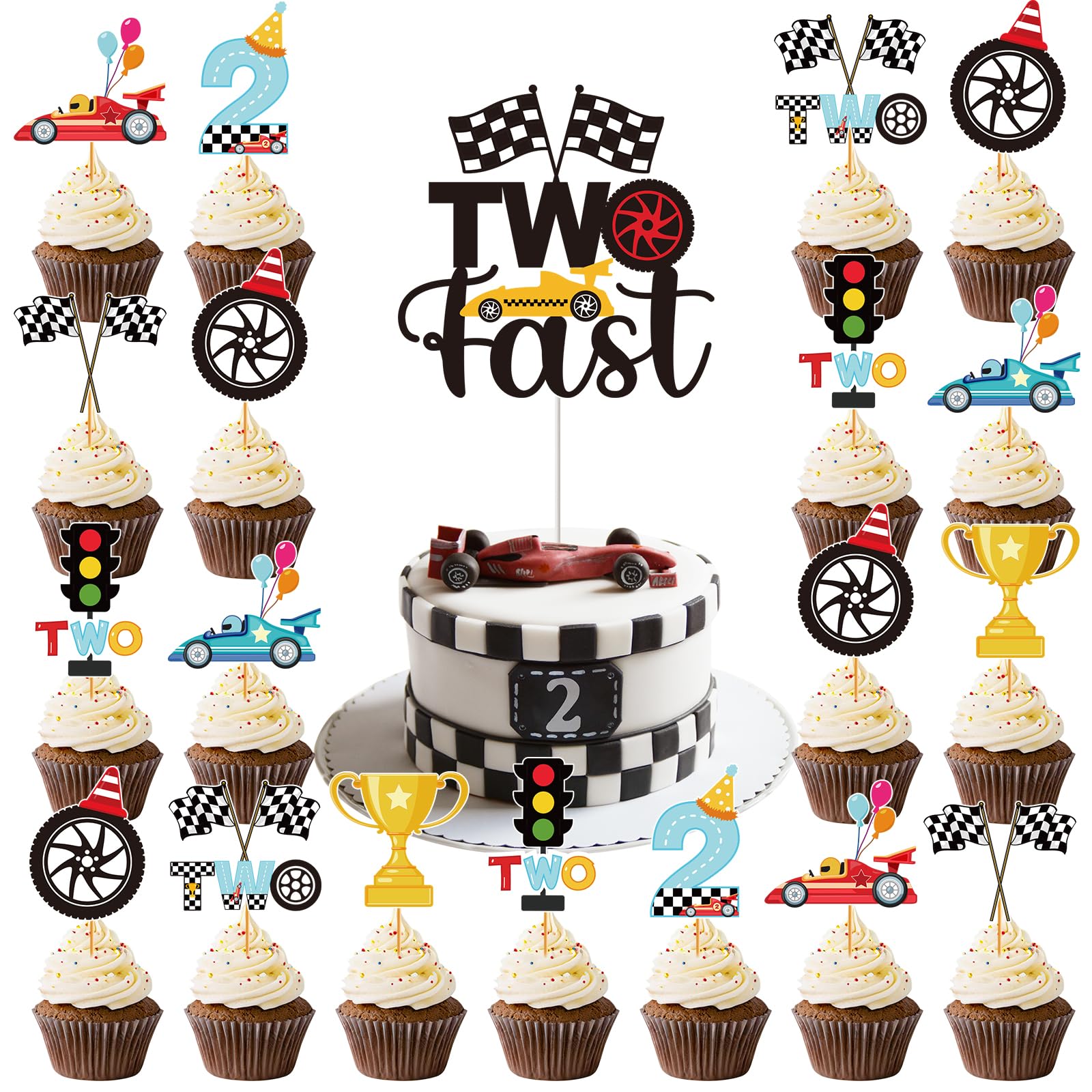 Hokinaa Two Fast TWE5 Cake Decorations - 25 Pcs Race Curious Baby 2nd ...