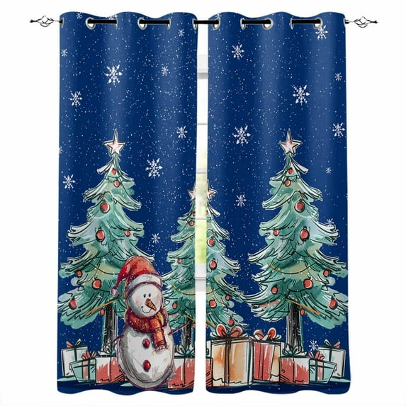 Hokiten Blue Christmas Blackout Curtains | Light Blocking Print Window Curtains, Xmas Snowman Tree Snowflake Thermal Insulated Window Drapes for Living Room Kitchen Cafe (2 Panels, 84"W x 54"L)