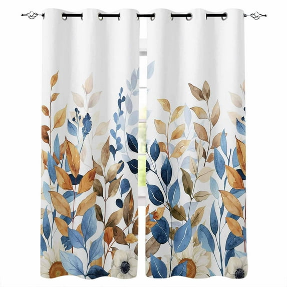 Hokiten Blue Orange Botanical Blackout Curtains | Light Blocking Print Window Curtains, Fall Eucalyptus Leaves Thermal Insulated Window Drapes for Living Room Kitchen Cafe (2 Panels, 104"W x 90"L)