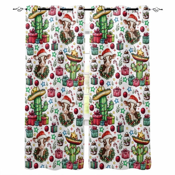 Hokiten Christmas Blackout Curtains | Light Blocking Print Window Curtains, Western Cow Cactus Xmas Balls Botanical Thermal Insulated Window Drapes for Living Room Kitchen (2 Panels, 104"W x 63"L)