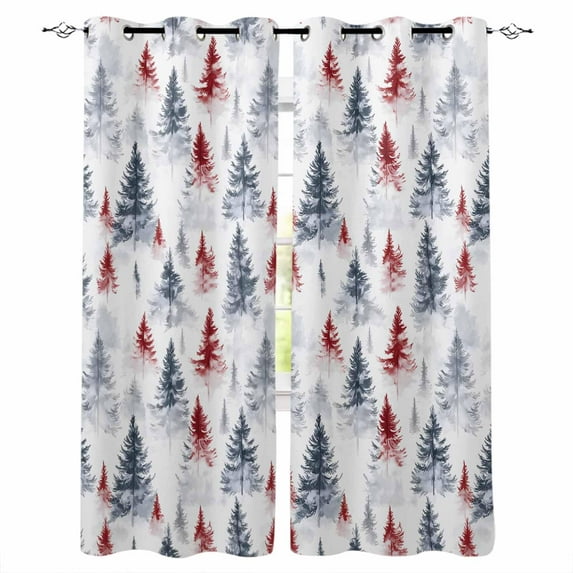 Hokiten Christmas Tree Blackout Curtains | Light Blocking Print Window Curtains, Xmas Tree Watercolor Blue Red Thermal Insulated Window Drapes for Living Room Kitchen Cafe (2 Panels, 104"W x 96"L)