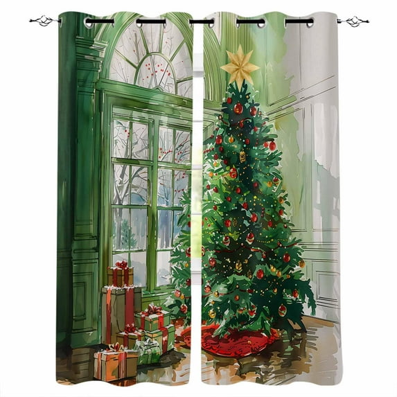 Hokiten Green Christmas Tree Blackout Curtains | Light Blocking Print Window Curtains, Xmas Tree Snowflake Watercolor Thermal Insulated Window Drapes for Living Room Kitchen (2 Panels, 84"W x 54"L)