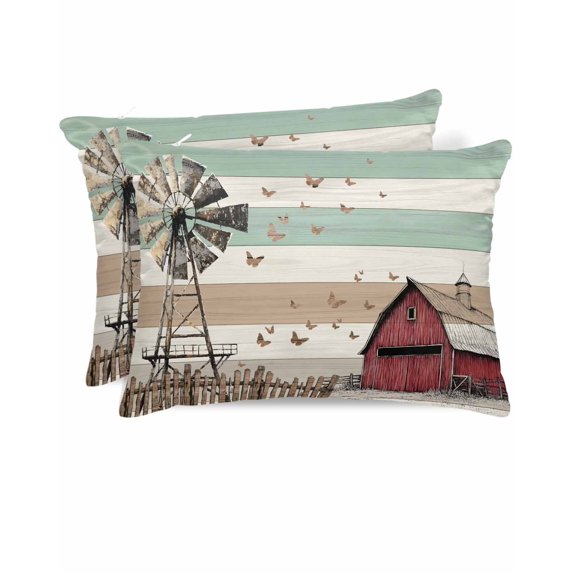 Hokiten King Size Pillow Cases Set of 2, Pillow Covers for Bed, Country Farm Satin Pillowcases with Zipper for Hair/Skin, Pillow Protector Cover, Vintage Farmhouse House Wooden Grain 20x36 Inches