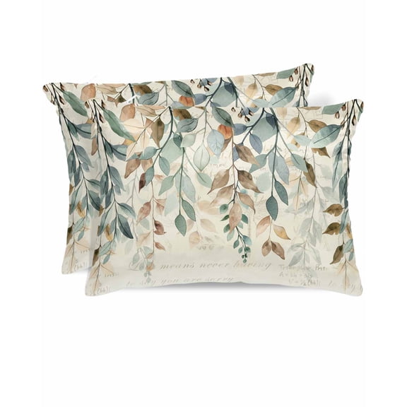 Hokiten King Size Pillow Cases Set of 2, Pillow Covers for Bed, Green Brown Botanical Satin Pillowcases with Zipper for Hair/Skin, Farmhouse Eucalyptus Leaves Rustic 20x36 Inches