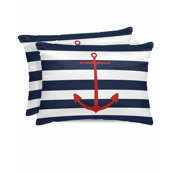 Hokiten King Size Pillow Cases Set of 2, Pillow Covers for Bed, Navy Blue Striped Satin Pillowcases with Zipper for Hair/Skin, Red Beach Nautical Anchor Ocean Coastal 20x36 Inches