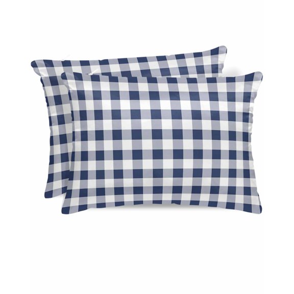 Hokiten King Size Pillow Cases Set of 2, Pillow Covers for Bed, Navy Blue White Plaid Satin Pillowcases with Zipper for Hair/Skin, Pillow Protector Cover, Farmhouse Checkered Buffalo 20x36 Inches