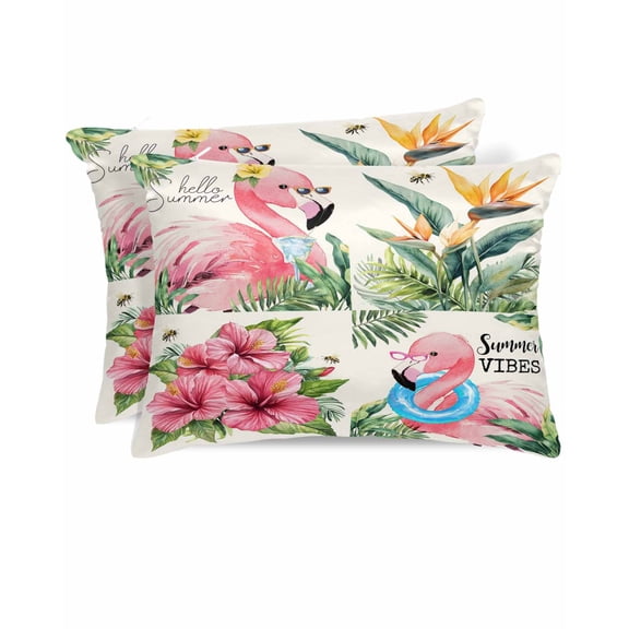 Hokiten King Size Pillow Cases Set of 2, Pillow Covers for Bed, Pink Flamingos Satin Pillowcases with Zipper for Hair/Skin, Pillow Protector Cover, Summer Palm Leaf Tropical Botanical 20x36 Inches