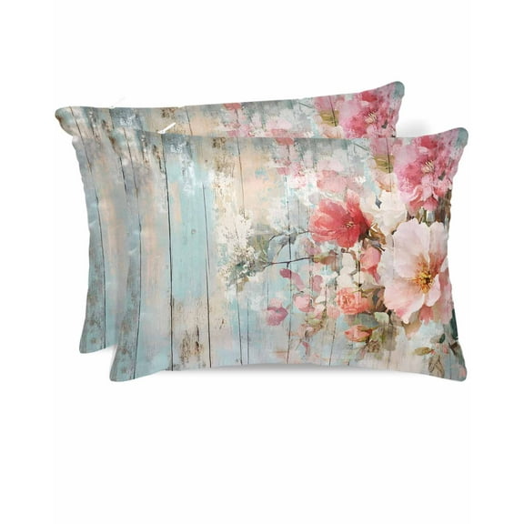 Hokiten King Size Pillow Cases Set of 2, Pillow Covers for Bed, Pink Floral Satin Pillowcases with Zipper for Hair/Skin, Pastoral Flower Garden Vintage Wooden Grain 20x36 Inches