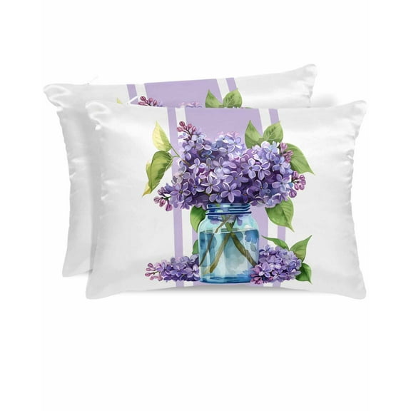 Hokiten King Size Pillow Cases Set of 2, Pillow Covers for Bed, Purple Hydrangeas Satin Pillowcases with Zipper for Hair/Skin, Pillow Protector Cover, Farmhouse Purple Stripe Linen 20x36 Inches
