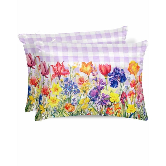 Hokiten King Size Pillow Cases Set of 2, Pillow Covers for Bed, Purple Plaid Tulip Satin Pillowcases with Zipper for Hair/Skin, Spring Floral Watercolor Botanical 20x36 Inches