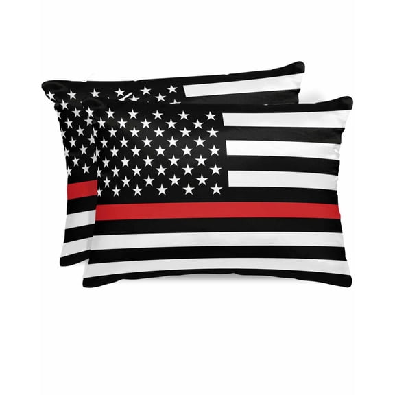 Hokiten King Size Pillow Cases Set of 2, Pillow Covers for Bed, Red White Stripe Fireman American Flag Satin Pillowcases with Zipper for Hair/Skin, Fire Fighter USA Flags 20x36 Inches