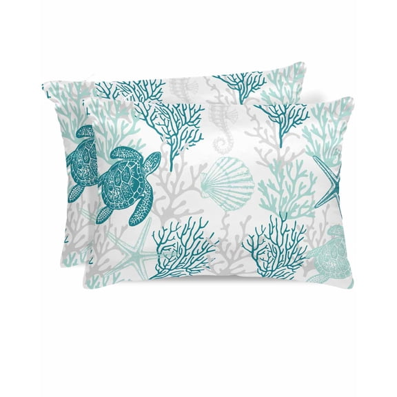 Hokiten King Size Pillow Cases Set of 2, Pillow Covers for Bed, Turquoise Coastal Satin Pillowcases with Zipper for Hair/Skin, Sea Turtle Nautical Coral Summer Beach 20x36 Inches
