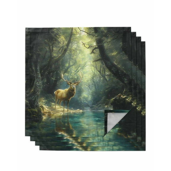 Hokiten Kitchen Dinner Napkins Set of 4 Green Forest Deer Cloth Napkins Reusable Washable Table Napkins for Weddings Cocktail Parties Holiday Table Decor 20x20 Inch