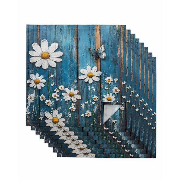 Hokiten Kitchen Dinner Napkins Set of 8 Blue Wooden Daisy Cloth Napkins Reusable Washable Table Napkins for Weddings Cocktail Parties Holiday Table Decor 20x20 Inch