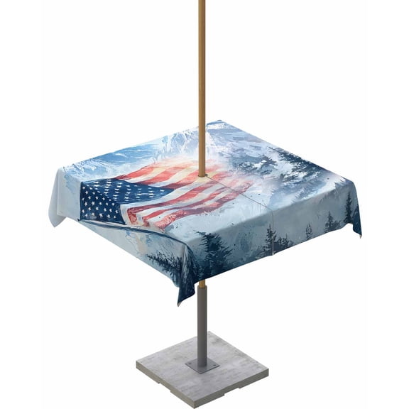 Hokiten Outdoor Tablecloths with Umbrella Hole & Zipper, 4th of July 54x54 Inch Square Tablecloths, Blue Mountain Forest Independence Day Waterproof Table Cloth, Patio/Pool/Picnic Table Covers
