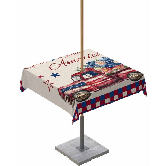 Hokiten Outdoor Tablecloths with Umbrella Hole & Zipper, 4th of July 54x54 Inch Square Tablecloths, Red Blue Plaid Truck Floral Independence Day Waterproof Table Cloth, Patio/Pool Table Covers