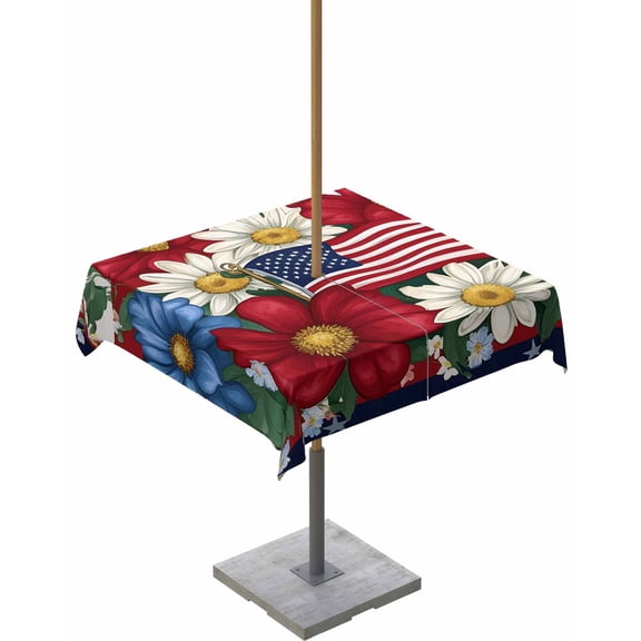 Hokiten Outdoor Tablecloths with Umbrella Hole & Zipper, 4th of July 60x60 Inch Square Tablecloths, Independence Day Blue Red Flower American Flag Waterproof Table Cloth, Patio/Pool Table Covers