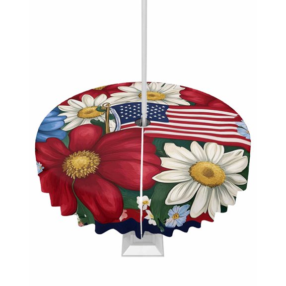 Hokiten Outdoor Tablecloths with Umbrella Hole & Zipper, 4th of July Round Tablecloth 54 Inch, Independence Day Blue Red Flower American Flag Waterproof Table Cloth, Patio/Pool/Picnic Table Covers