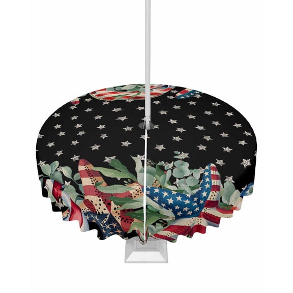 Hokiten Outdoor Tablecloths with Umbrella Hole & Zipper, 4th of July Round Tablecloths 60 Inch, Independence Day Star Botanical Black Waterproof Table Cloth, Patio/Pool/Picnic Table Covers