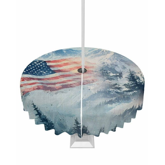 Hokiten Outdoor Tablecloths with Umbrella Hole & Zipper, 4th of July Round Tablecloths 60 Inch, Mountain Forest Independence Day Waterproof Table Cloth, Patio/Pool/Picnic Table Covers