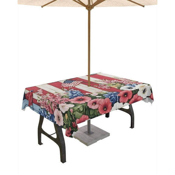 Hokiten Outdoor Tablecloths with Umbrella Hole & Zipper, 4th of July Tablecloth Rectangle 60x84 Inch, Red Blue Floral Vintage Independence Day Waterproof Table Cloth, Patio/Pool/Picnic Table Covers