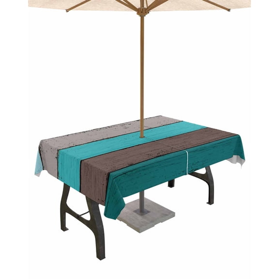 Hokiten Outdoor Tablecloths with Umbrella Hole & Zipper, Aqua Wooden Rectangle Tablecloth 60x120 Inch, Grey Stripe Gradient Country Rustic Grain Waterproof Table Cloth, Patio/Pool Table Covers