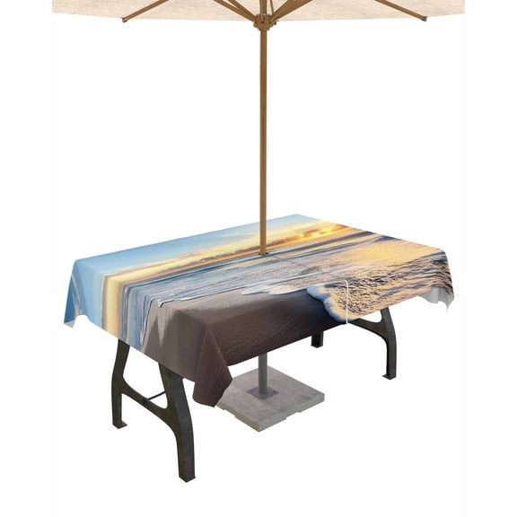 Hokiten Outdoor Tablecloths with Umbrella Hole & Zipper, Beach Ocean Rectangle Tablecloth 52x70 Inch, Sunset Sea Waves Spray Sky Nature Landscape Waterproof Table Cloth, Patio/Pool Table Covers