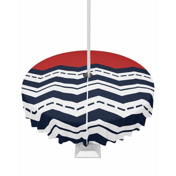 Hokiten Outdoor Tablecloths with Umbrella Hole & Zipper, Black Chevron Round Tablecloth 54 Inch, Geometric Navy Blue White Sea Wavy Striped Waterproof Table Cloth, Patio/Pool/Picnic Table Covers