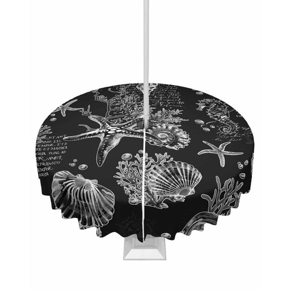 Hokiten Outdoor Tablecloths with Umbrella Hole & Zipper, Black Coastal Round Tablecloth 54 Inch, Nautical Ocean Starfish Seashells Coral Waterproof Table Cloth, Patio/Pool/Picnic Table Covers