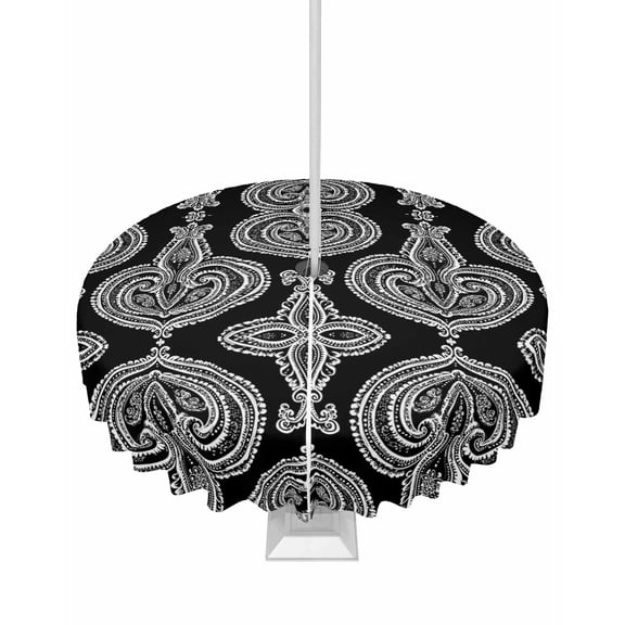 Hokiten Outdoor Tablecloths with Umbrella Hole & Zipper, Black Geometric Round Tablecloth 54 Inch, Paisley Modern Abstract Flower Waterproof Table Cloth, Patio/Pool/Picnic Table Covers