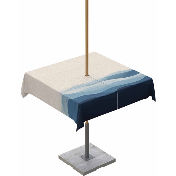 Hokiten Outdoor Tablecloths with Umbrella Hole & Zipper, Blue Beige Ombre 60x60 Inch Square Tablecloths, Minimalist Ocean Waves Linen Waterproof Table Cloth, Patio/Pool/Picnic Table Covers