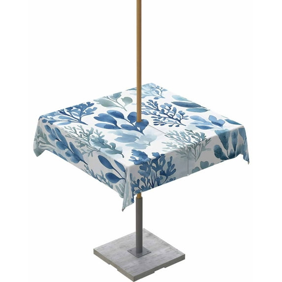 Hokiten Outdoor Tablecloths with Umbrella Hole & Zipper, Blue Botanical 60x60 Inch Square Tablecloths, Spring Summer Watercolor Leaf Waterproof Table Cloth, Patio/Pool/Picnic Table Covers