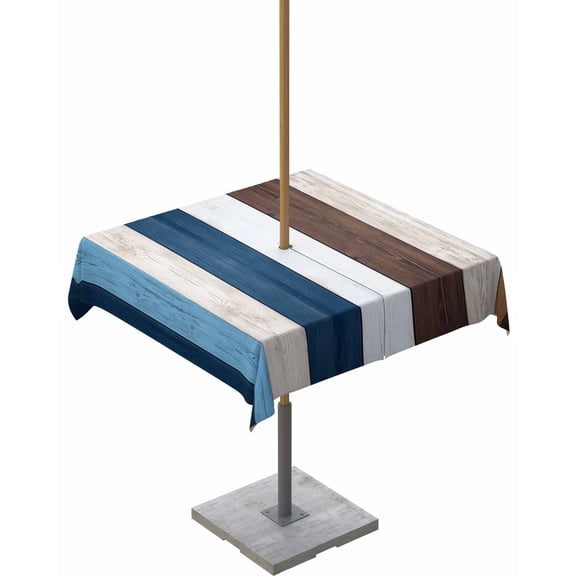 Hokiten Outdoor Tablecloths with Umbrella Hole & Zipper, Blue Brown Farmhouse 60x60 Inch Square Tablecloths, Vintage Retro Wooden Waterproof Table Cloth, Patio/Pool/Picnic Table Covers