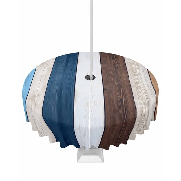 Hokiten Outdoor Tablecloths with Umbrella Hole & Zipper, Blue Brown Farmhouse Round Tablecloth 54 Inch, Vintage Retro Wooden Waterproof Table Cloth, Patio/Pool/Picnic Table Covers