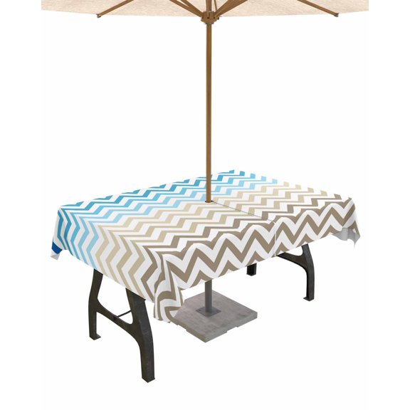 Hokiten Outdoor Tablecloths with Umbrella Hole & Zipper, Blue Brown Rectangle Tablecloth 52x70 Inch, Modern Chevron Waves Khaki Geometric Stripes Waterproof Table Cloth, Patio/Pool Table Covers