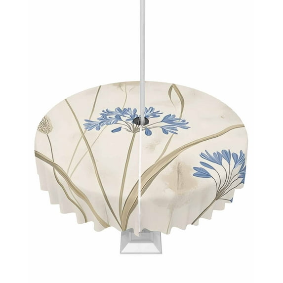 Hokiten Outdoor Tablecloths with Umbrella Hole & Zipper, Blue Floral Botanical Spring Round Tablecloth 54 Inch, Farmhouse Beige Flowers Waterproof Table Cloth, Patio/Pool/Picnic Table Covers