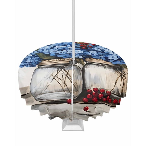 Hokiten Outdoor Tablecloths with Umbrella Hole & Zipper, Blue Floral Round Tablecloth 54 Inch, Bottle Floral Farm Fruit Spring Summer Waterproof Table Cloth, Patio/Pool/Picnic Table Covers