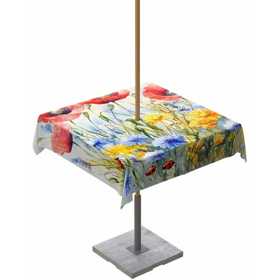 Hokiten Outdoor Tablecloths with Umbrella Hole & Zipper, Blue Flower 54x54 Inch Square Tablecloths, Patriotic Red Poppy Floral Daisy Wildflower Waterproof Table Cloth, Patio/Pool/Picnic Table Covers