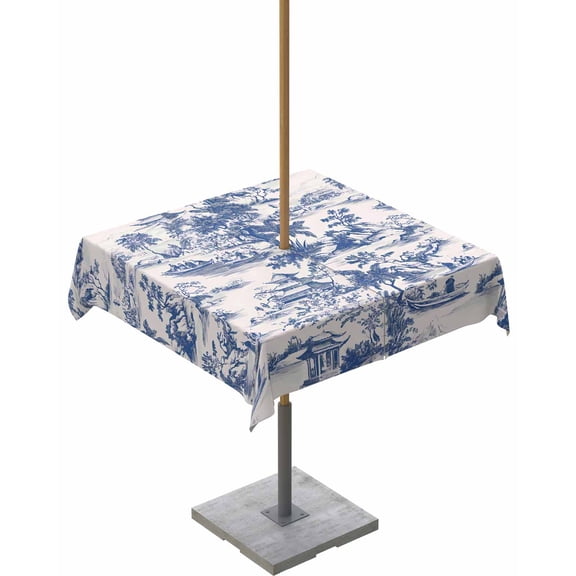 Hokiten Outdoor Tablecloths with Umbrella Hole & Zipper, Blue Garden Retro 54x54 Inch Square Tablecloths, Modern Art Building Tree Boat Waterproof Table Cloth, Patio/Pool/Picnic Table Covers