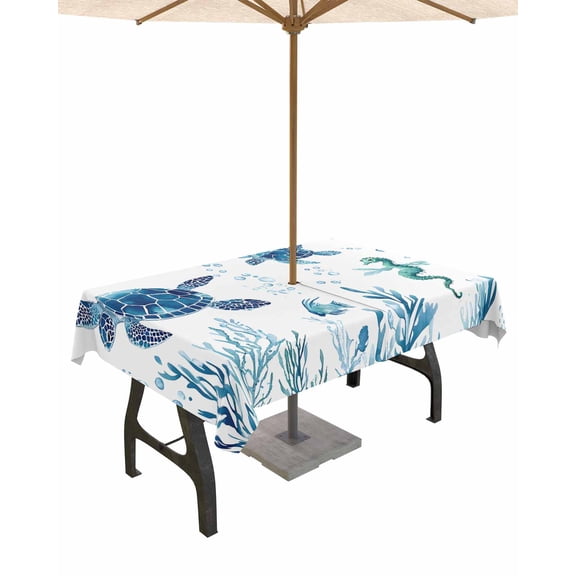 Hokiten Outdoor Tablecloths with Umbrella Hole & Zipper, Blue Green Sea Turtle Rectangle Tablecloth 52x70 Inch, Summer Ocean Coral Fish Seahorse Waterproof Table Cloth, Patio/Pool Table Covers