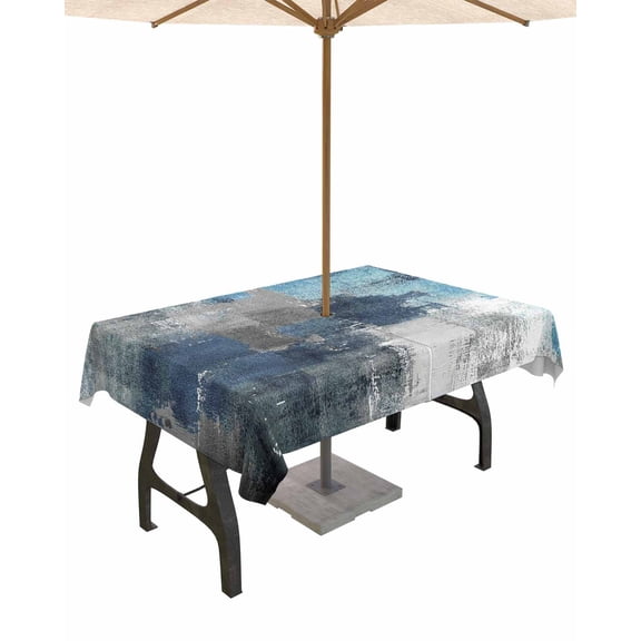 Hokiten Outdoor Tablecloths with Umbrella Hole & Zipper, Blue Grey Turquoise Painting Rectangle Tablecloth 52x70 Inch, Abstract Street Art Modern Waterproof Table Cloth, Patio/Pool Table Covers