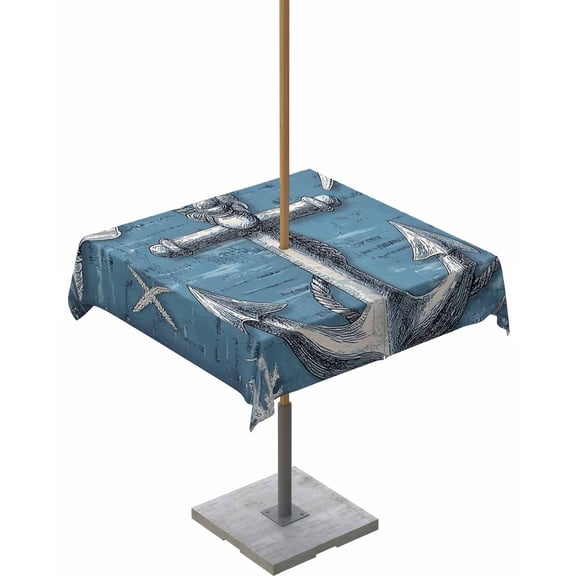 Hokiten Outdoor Tablecloths with Umbrella Hole & Zipper, Blue Nautical Anchor 54x54 Inch Square Tablecloths, Summer Coastal Ocean Starfish Shell Waterproof Table Cloth, Patio/Pool Table Covers