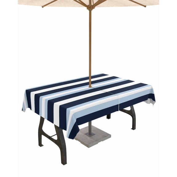 Hokiten Outdoor Tablecloths with Umbrella Hole & Zipper, Blue Navy Striped Rectangle Tablecloth 60x120 Inch, Modern Ombre Abstract Lines Pattern Waterproof Table Cloth, Patio/Pool Table Covers