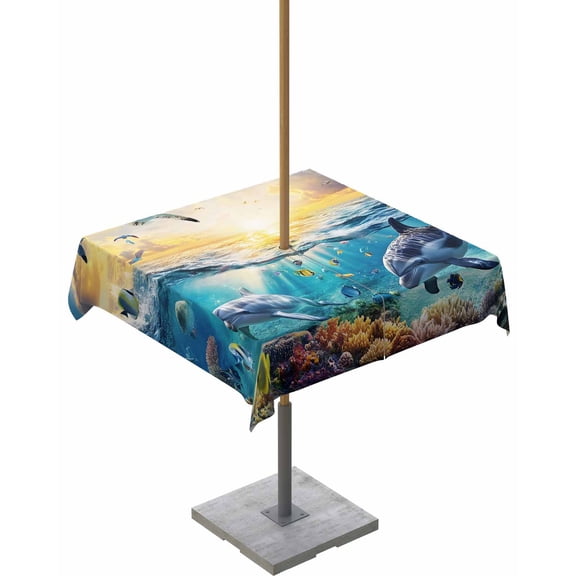 Hokiten Outdoor Tablecloths with Umbrella Hole & Zipper, Blue Ocean Turtle 60x60 Inch Square Tablecloths, Dolphins Animals Coral Orange Sunlight Waterproof Table Cloth, Patio/Pool Table Covers